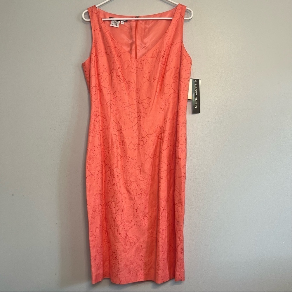 NWT Maggy London Sleeveless Midi Dress Coral Pink Sz 12 Linen Blend Lined Floral